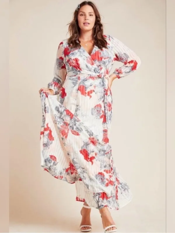 Anthropologie Hutch Giselle Floral Chiffon‎ Wrap Maxi Dress Red Jardin Sz Medium - Image 3