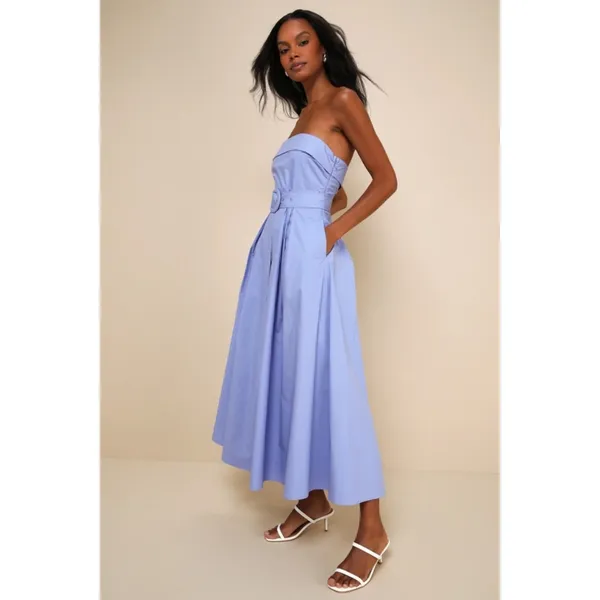 Lulus Trendsetting Choice Periwinkle Strapless Midi Dress Pockets Holiday Medium - Image 9
