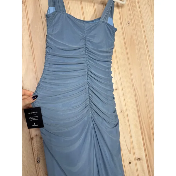 NWT Lulus Amazing Presence Slate Blue Mesh Ruched Column Maxi Dress Banquet S - Image 8