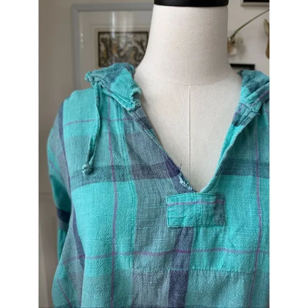 Vintage 90s Plaid Pullover Hoodie Cotton Pockets OSFM - Image 3