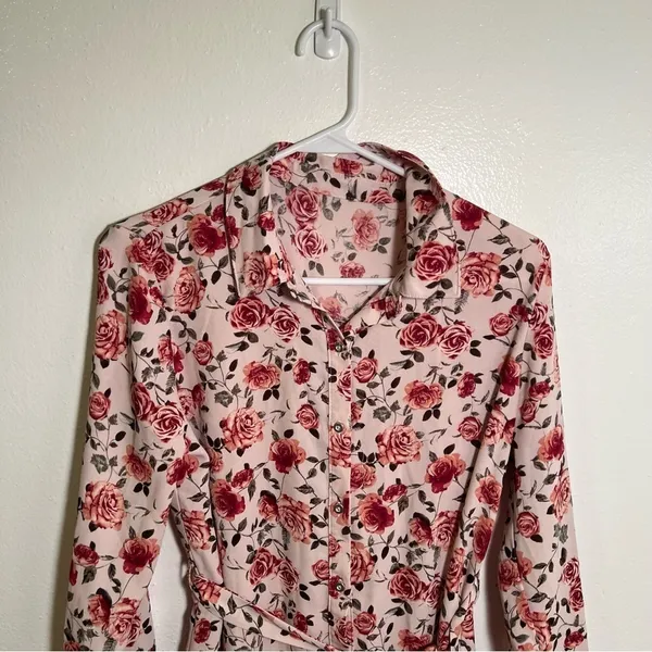 Women's‎ Button Down Shirt Dress Light Pink Rose Floral Belted Long Sleeve Roll - Image 3