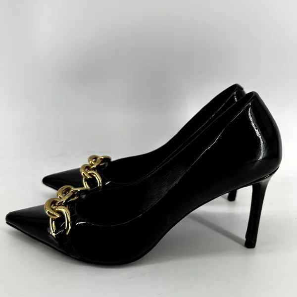 Jeffrey Campbell Pump Heels Stiletto Gold Chain Pointed Patent Leather Black 7.5 - Image 3