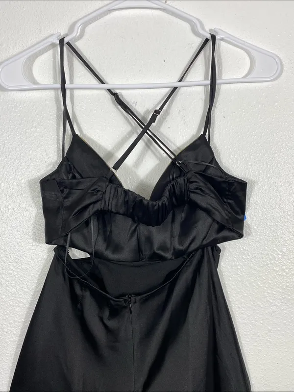 Hello Molly Black Satin Spaghetti-Strap Cutout Maxi Dress with Silver Trim SZ 4 - Image 9