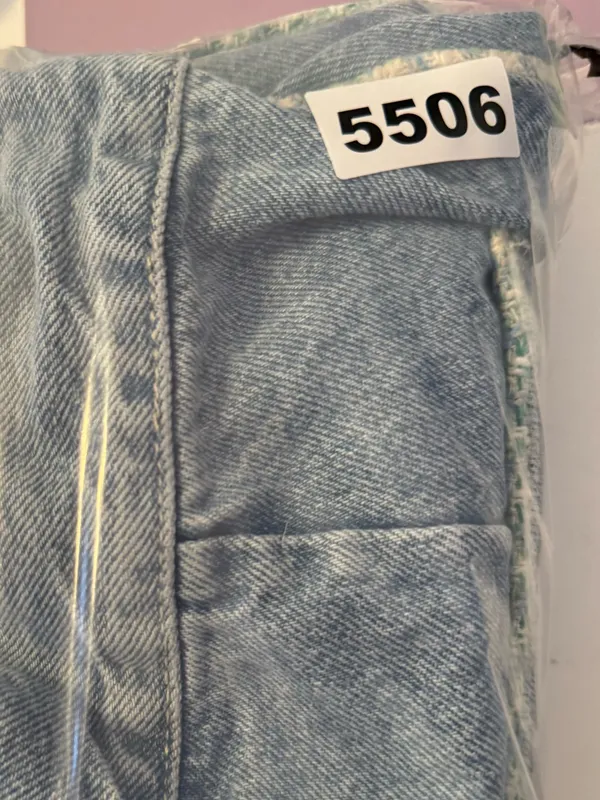 Zara‎ High Rise Tweed Trim Jewel Button Crop Wide Leg Light Wash Jeans - Image 10