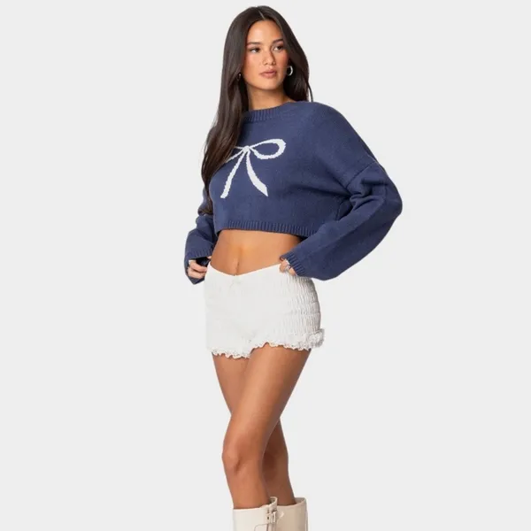 EDIKTED Knit Bow Cropped Sweater‎ Women's XS/S Navy Boho Dainty Coquette Girl - Image 4