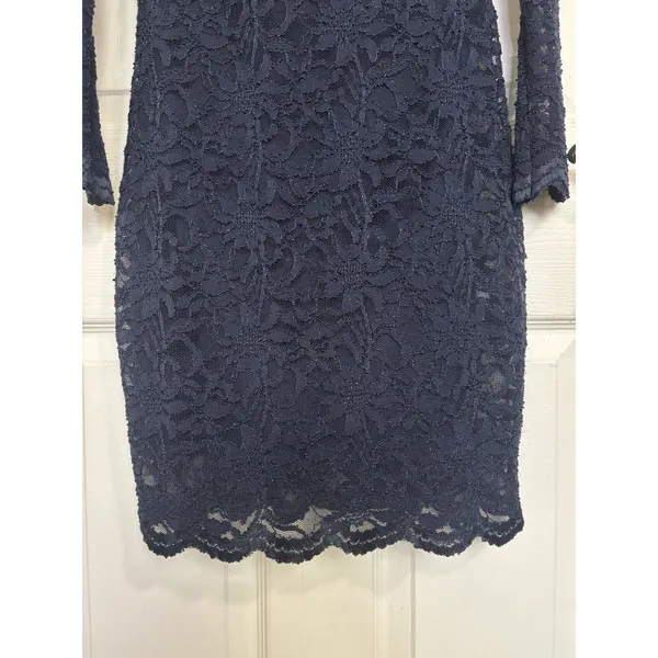 Navy Blue Floral Lace Body Con Long Sleeve Dress Y2K Club M Off Shoulder USA - Image 7