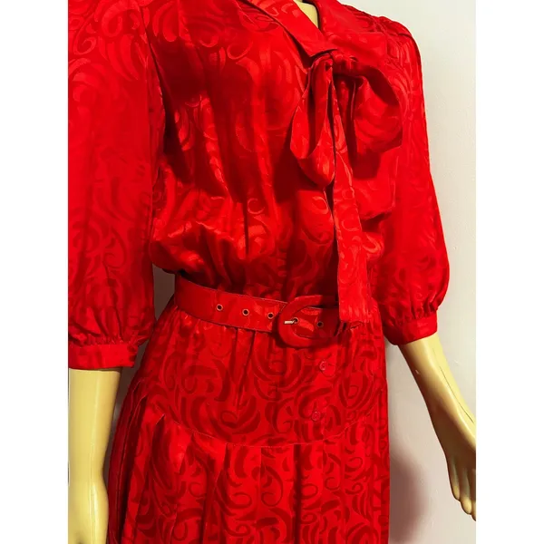 Argenti Vintage Red 100% Silk Jacquard Bow Belted Midi Dress Womens 6 - Image 5