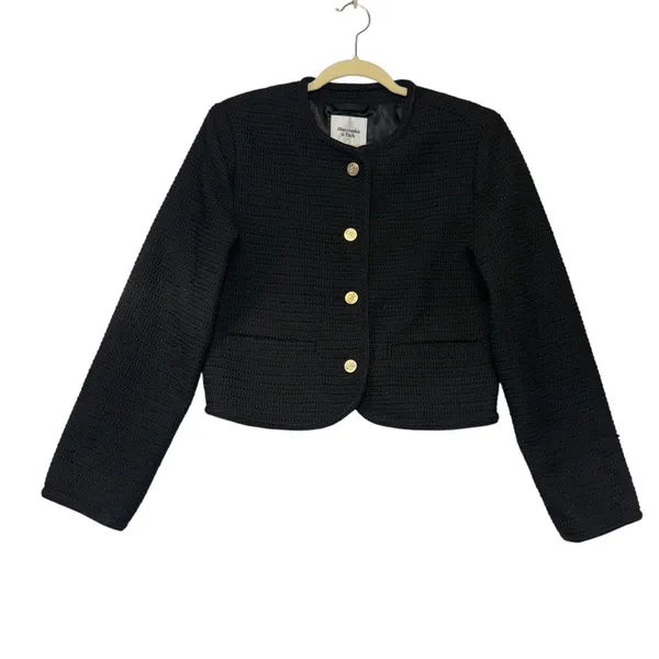 Abercrombie Black Textured Lady Jacket Gold Button Tweed Cropped Capsule Wardrobe Work Small - Image 2