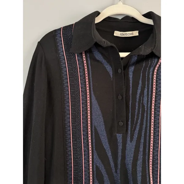 Roberto Cavalli Black Metallic Knit Long Sleeve Polo Shirt Women’s Size Large - Image 3