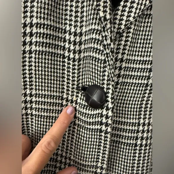 VTG Patty O’Neil Plaid Houndstooth Longline Coat Black White Pattern Size M 6 - Image 9