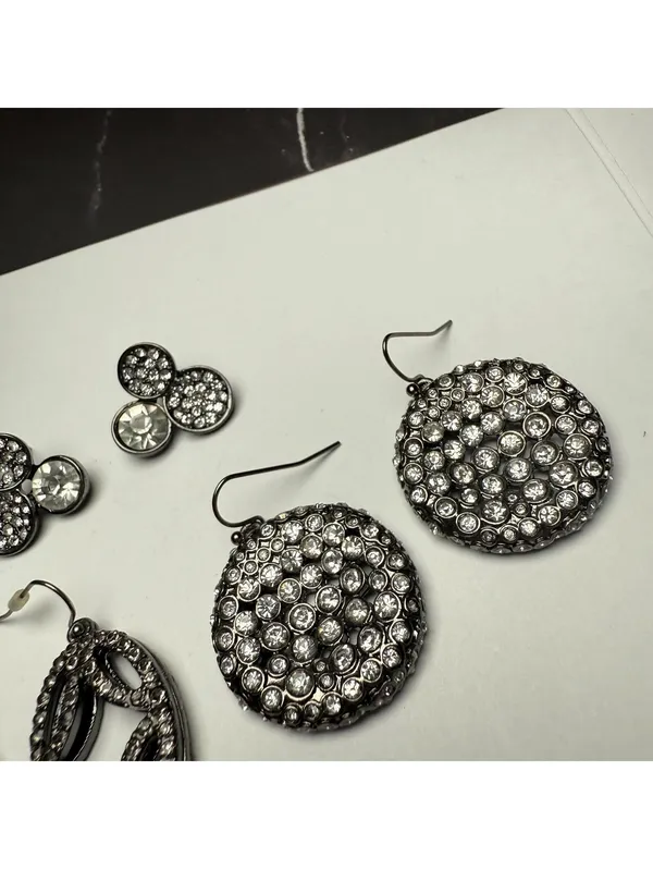 Rhinestone Dangle Drop / Stud Pierced Earrings Lot Of 3 Gunmetal Variety - Image 10