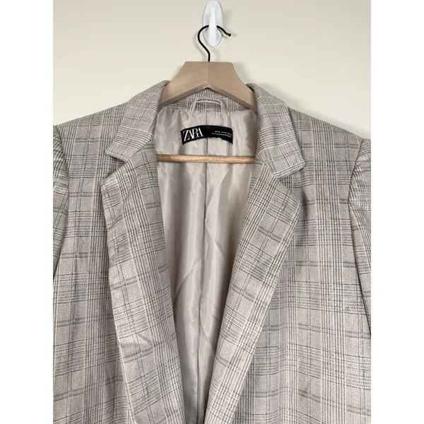 Zara Blazer Women's M Plaid Gray Faux Suede Ruched Sleeve Long Line Open‎ Front - Image 2