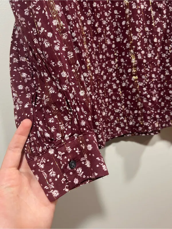 LOFT Maroon Floral Tie-Neck Peasant Blouse Medium - Image 2