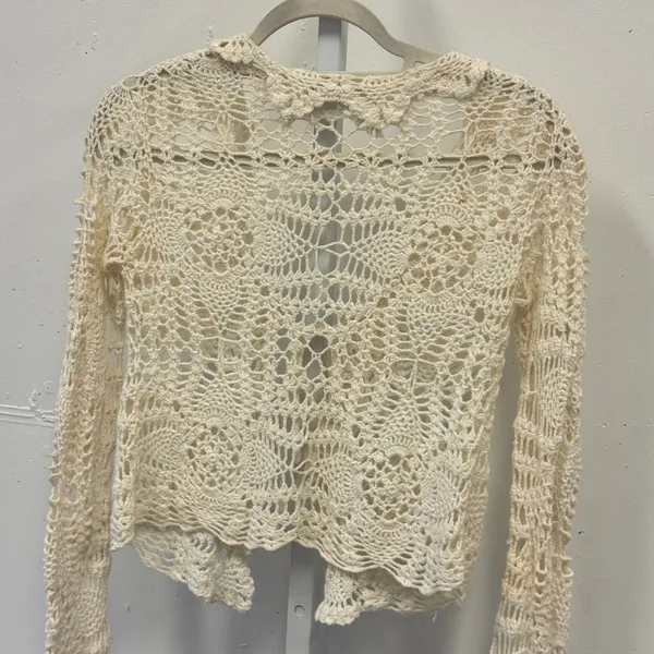 Y2K Coolwear USA Crochet Cardigan Cream Ramie Cotton Tie Front Boho Medium Boho - Image 5