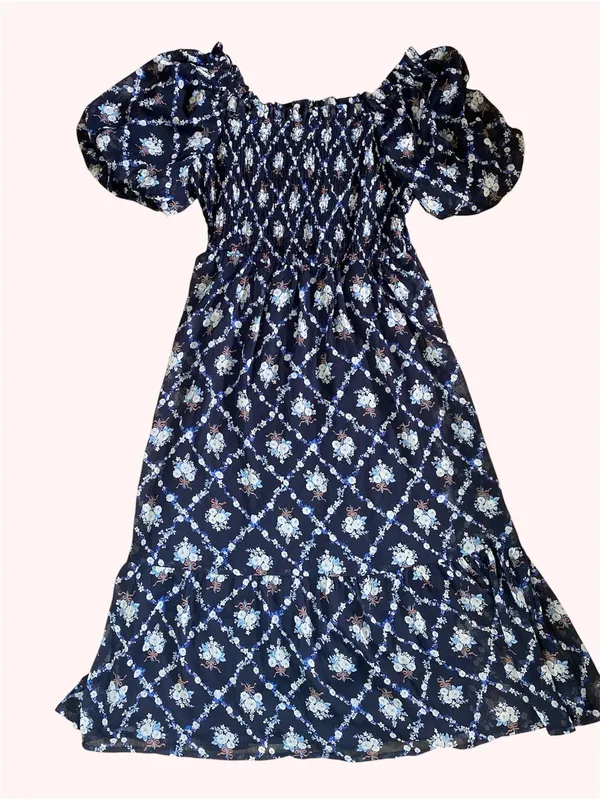 🌸Lauren Conrad Navy Blue Floral Smocked Puff Sleeve Square Neck Short Dress S - Image 2