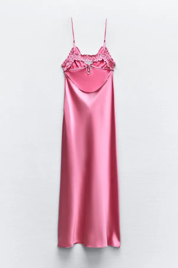 Zara long dress maxi hot pink satin lingerie evening party wedding holiday - Image 10