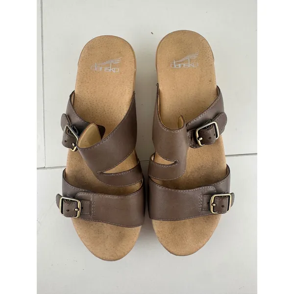 Dansko Women Brown Leather Wedge Sandals Buckle Ankle Strap Comfort Size 36‎ 5.5 - Image 2