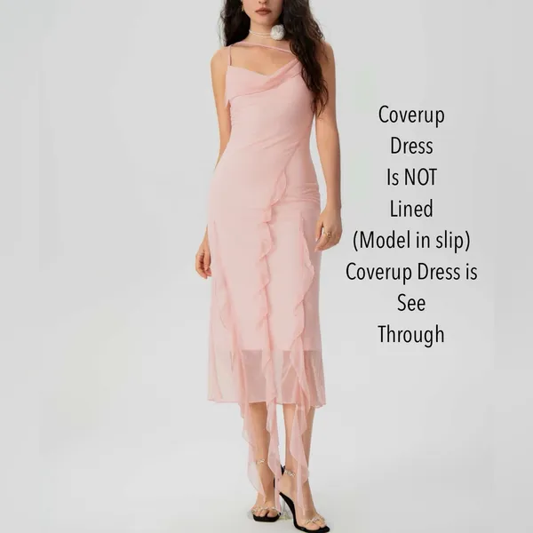 Pink V-neck Ruffle Mesh Cover Up Dress L/Size 8 - Image 6