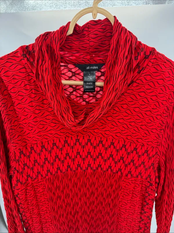 Ali Miles Red black Textured Knit Turtleneck tunic Top L stretch casual career - Image 5