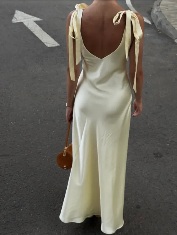 Zara Butter Yellow Halter Maxi Dress with Plunging Neckline Scarf Wedding Party - Image 4
