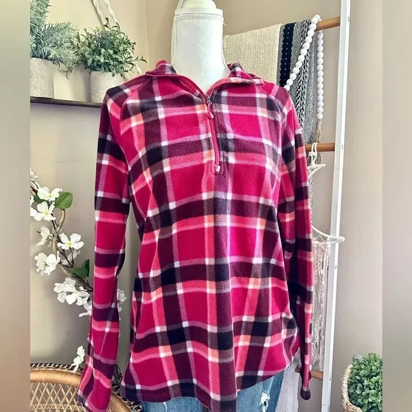 Eddie Bauer Pink/Orange Plaid Quarter Zip Fleece Pullover Sweatshirt - Image 3