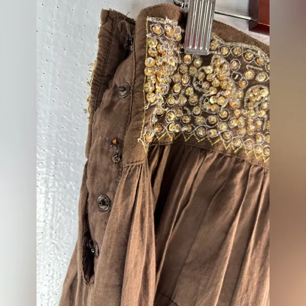 BCBGMaxAzria S Cotton Tiered Brown Embellished Beaded Waist Midi Skirt - Image 8