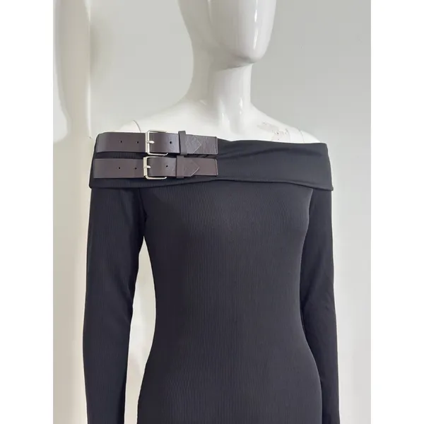 Y2K Black Off Shoulder Sweater Mini Dress Buckle Ribbed Knit Goth Grunge M - Image 4
