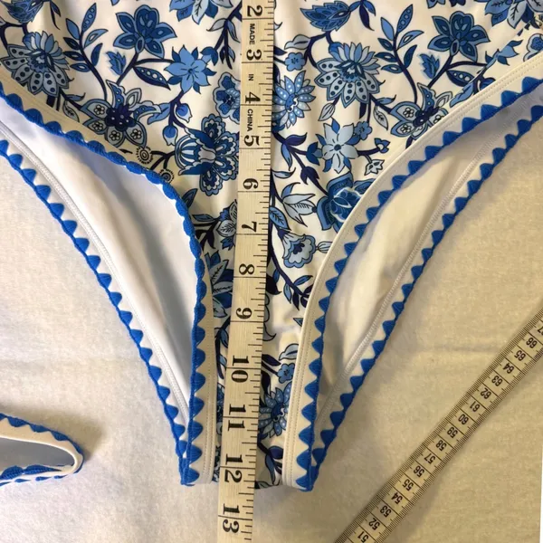 Blue White Floral Chintz Ric Rac High Waisted Bikini‎ Swimsuit Size Smal New - Image 6