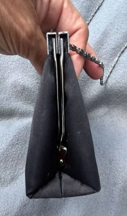 Black Satin Evening Clutch With Silver Chain Strap and Kiss Lock Frame - Image 9