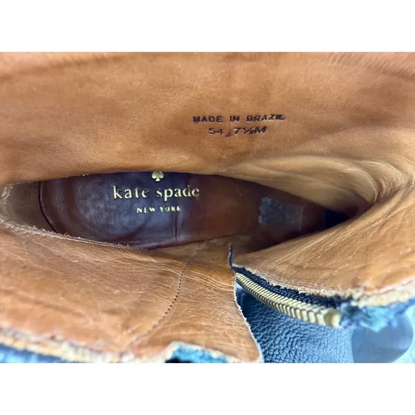 Kate Spade Bridgette Black Pebble Leather Gold Button Platform Block Heel 7.5 - Image 5