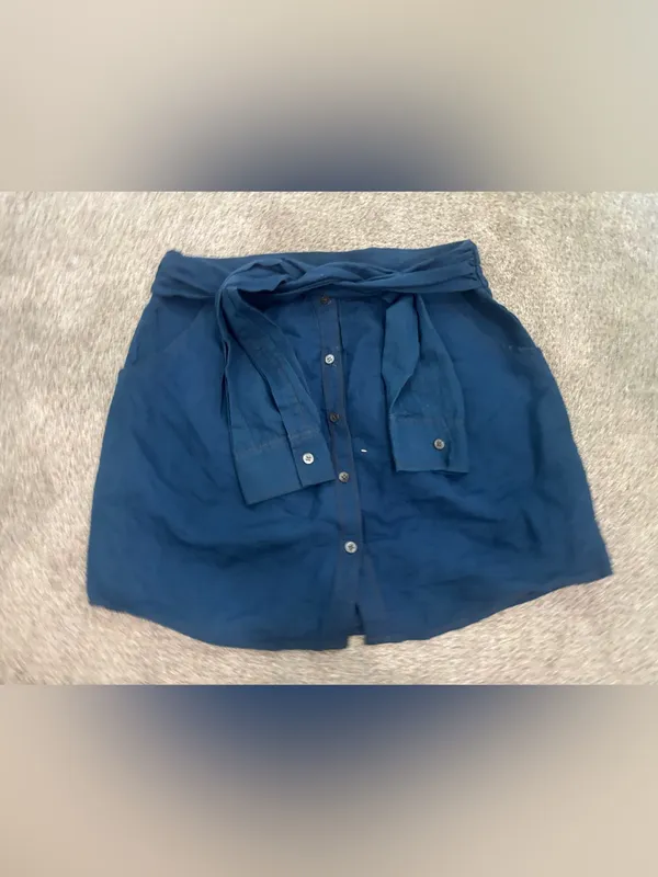 Theory Neini Chambray Mini Skirt Sz 6 Linen Blend Skirt with Mock Sleeve Belt - Image 7