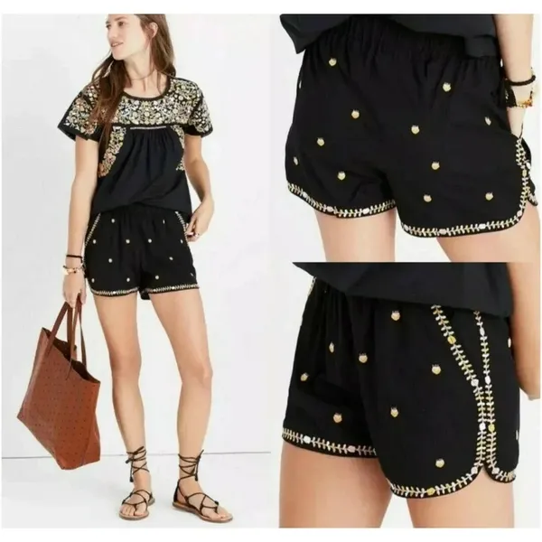 Madewell Women Embroidered Springtime Black Pull-On Shorts Small v6x - Image 2