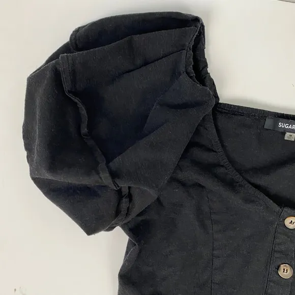 Sugarlips Mirabelle Puff Sleeve Top Black Linen Button Front V-Neck‎ Size Medium - Image 6