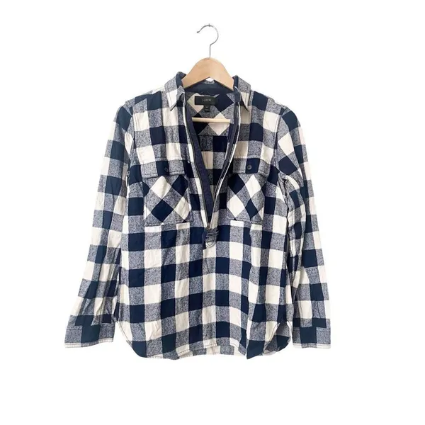 J.‎ Crew Blue Buffalo Plaid Flannel Wool Blend Half Zip Popover Shirt Jacket XS - Image 4