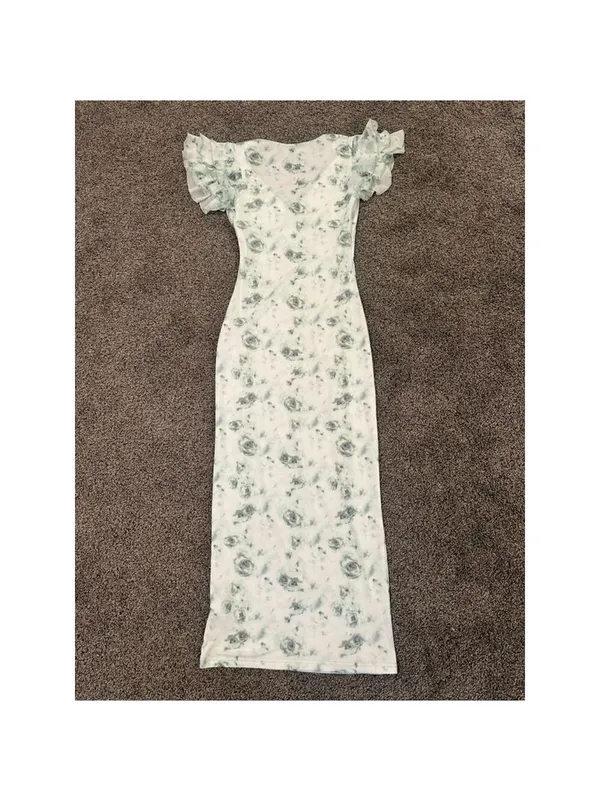 White Green Floral Maxi Dress Ruffle Sleeve Bodycon XS - Image 6