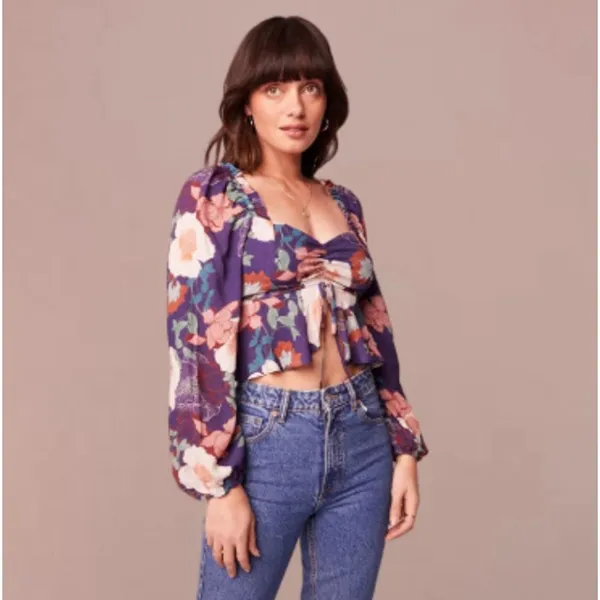 Band of the Free Floriane Boho Girly Floral Long Sleeve Crop Blouse Purple M - Image 5