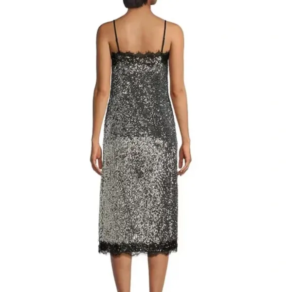 Gianni Bini Lilly Sisto Allegra Sequin Slip Midi Dress Silver Lace Trim US 6 NWT - Image 2
