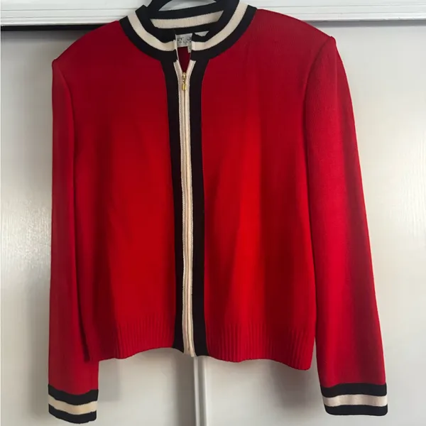 St. John Collection Red Knit Open-Front Jacket with Black and Cream Trim - Image 6