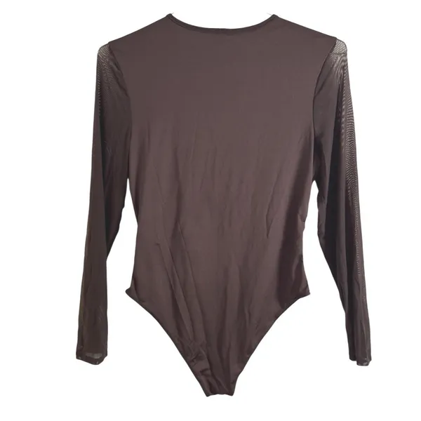 SheIn Womens Brown Mesh Bodysuit XL Sheer Long Sleeve Geometric Panels Fitted - Image 3