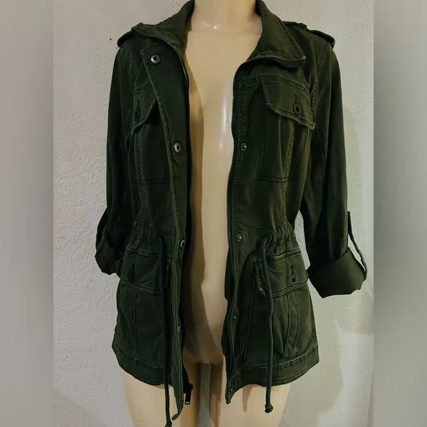 Hollister Jacket Womens M Utility Coat Military Style Green Full Zip Stretch - Image 6