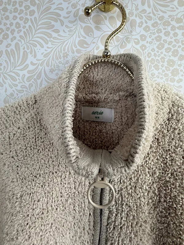 aerie Oversized Cream Beige Sherpa Quarter Zip Pullover Sweater - Size - Medium - Image 3