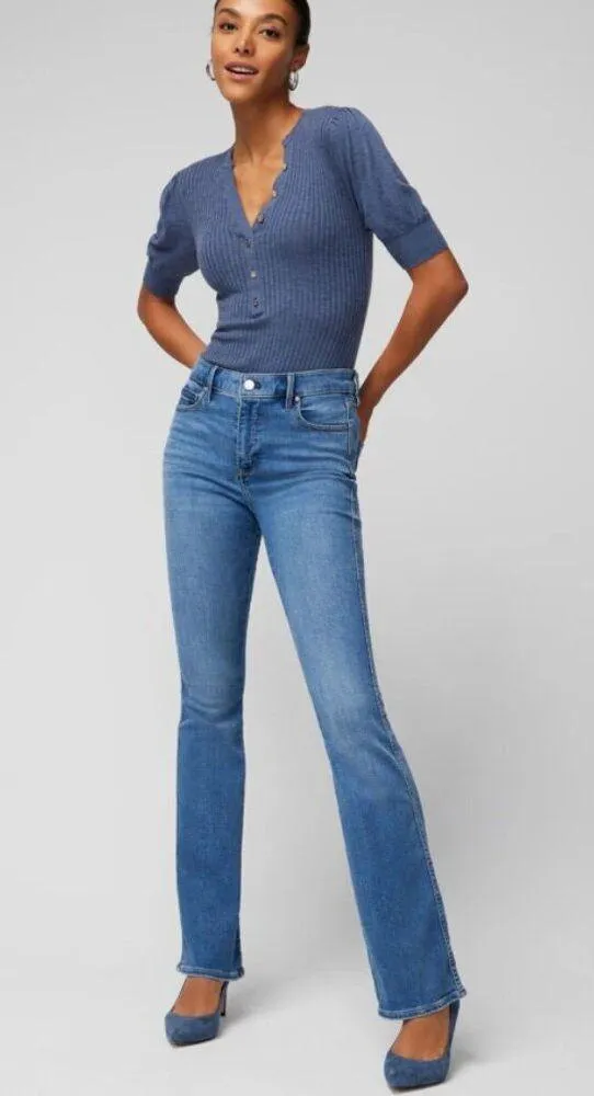 White House | Black Market Elbow Sleeve Cashmere Blend Puff Henley Sweater Blouse V-Neck Fuzzy Ribbed - Image 5
