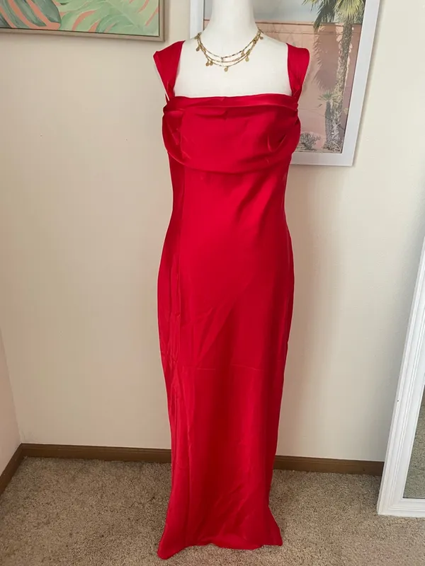 Beginning Boutique Ella Red Satin Maxi Dress Gown Slip Off Shoulder US 10 New - Image 7