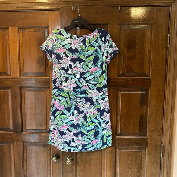 Lilly Pulitzer Tammy Dress Small S Bright Navy Sway This Way Floral Fish UPF 50+ - Image 6