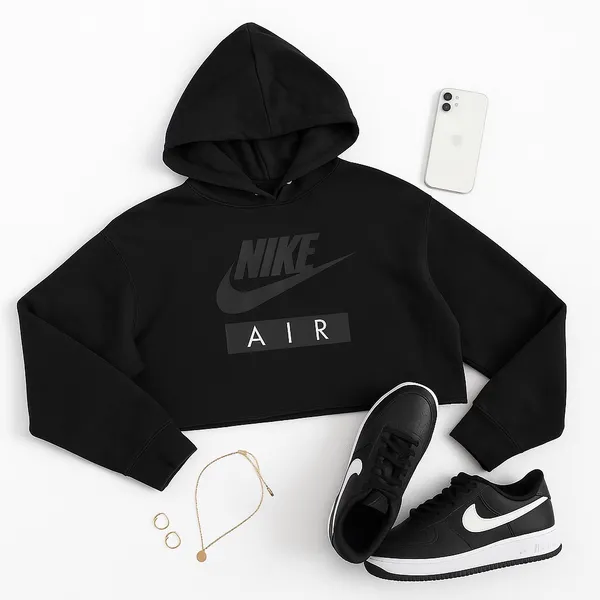 Nike Air Cropped Fleece Hoodie Black Women’s Medium Oversized Athleisure in EUC - Image 4
