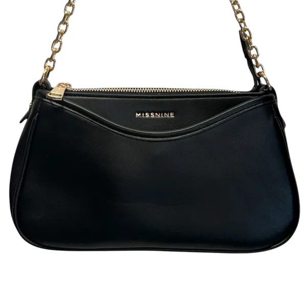 Missnine Black Shoulder Bag Mini Baguette Purse Vegan Leather Gold Chain Zip NEW - Image 2