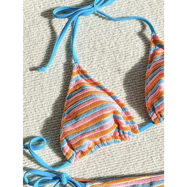Women's Striped High Waisted Halter Triangle Bikini Swimsuit XS - Image 3