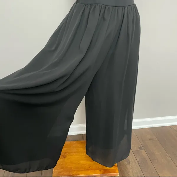 Vintage Clio Pants Wide Leg Palazzo Culottes Cropped Elastic Waist Lined Black - Image 3