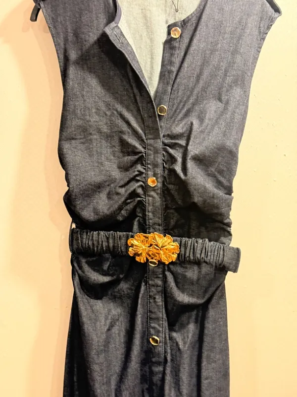 NWOT Zara Navy Blue Denim Button Front Sleeveless Midi Shirt Dress Gold Belt S - Image 4