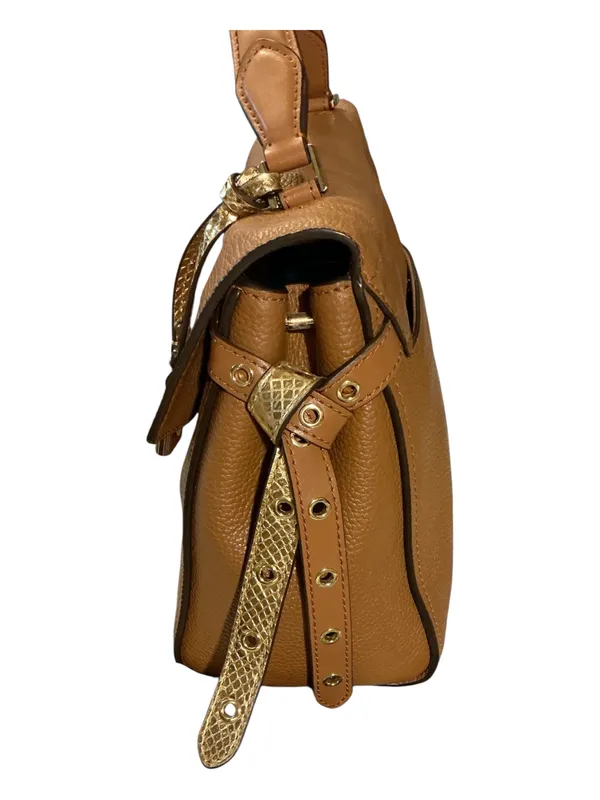 Michael Kors Carine Medium Pebbled Leather Satchel – Cognac/Luggage with Snake-Embossed Trim - Image 5